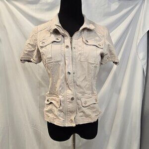 White House Black Market Button-up Short Sleeve Jacket Size 6 Pockets Beige